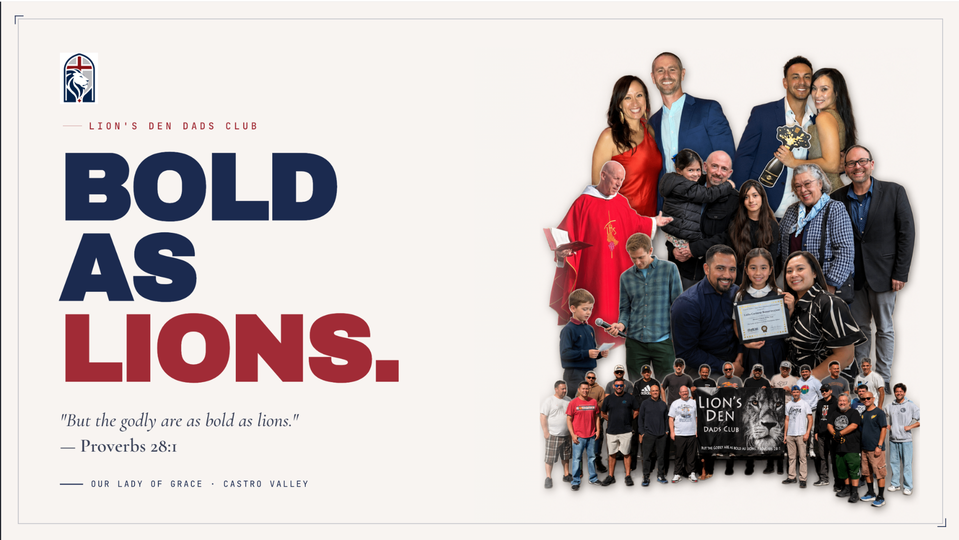 A composition of OLG dads with the words 'Bold as Lions' and Proverbs 28:1